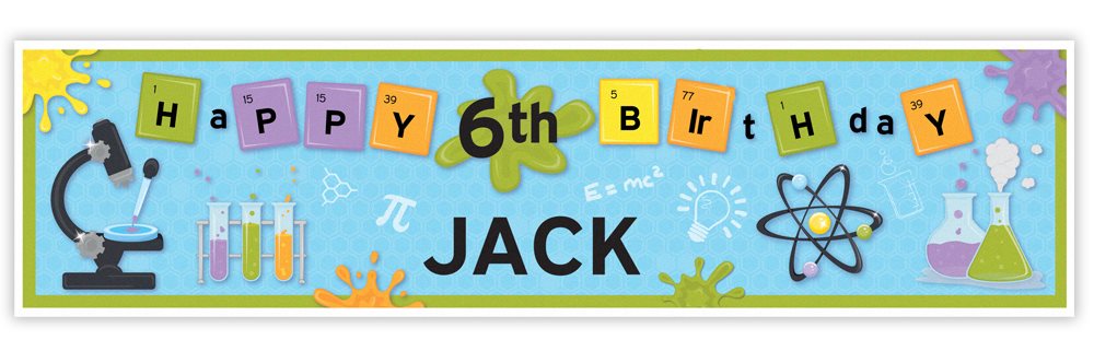 Birthday banner with scientific theme and 'Happy 6th Birthday Jack' text