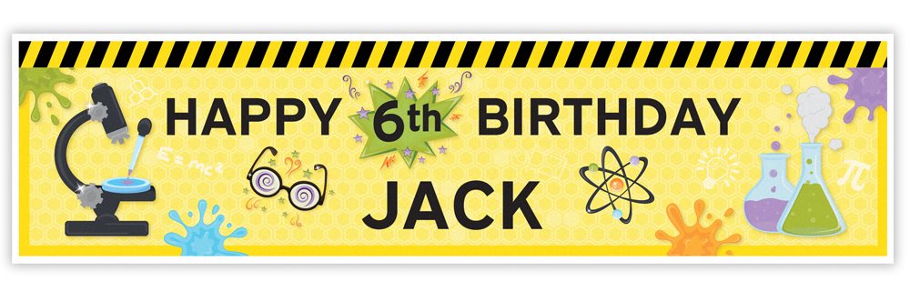 Birthday banner with scientific theme and text 'Happy 6th Birthday Jack' on a yellow background.