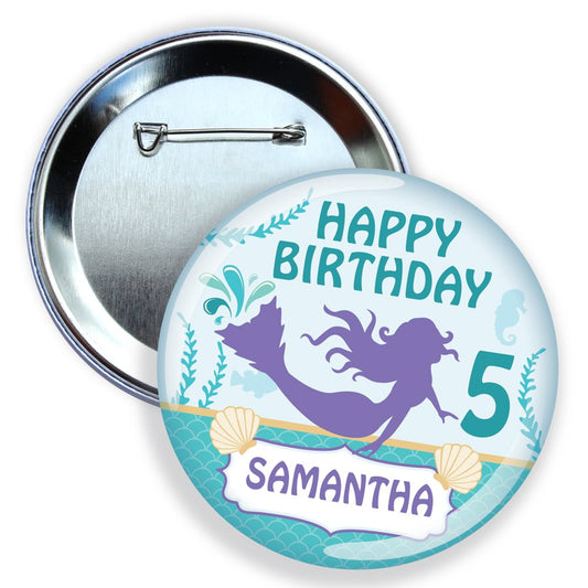 Button badge with mermaid design, 'Happy Birthday 5 Samantha' text, and blue and purple colors.
