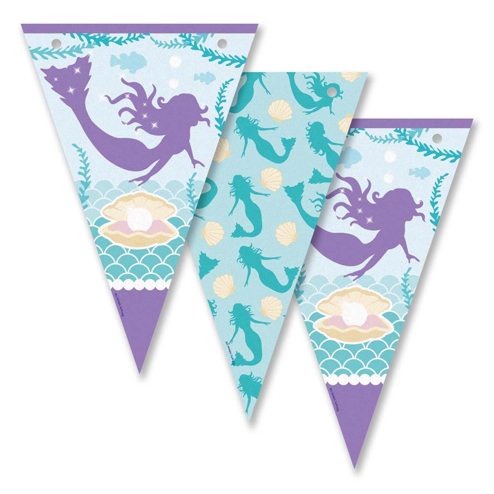 Mermaid-themed party flags with purple, teal, and blue colors on a white background.