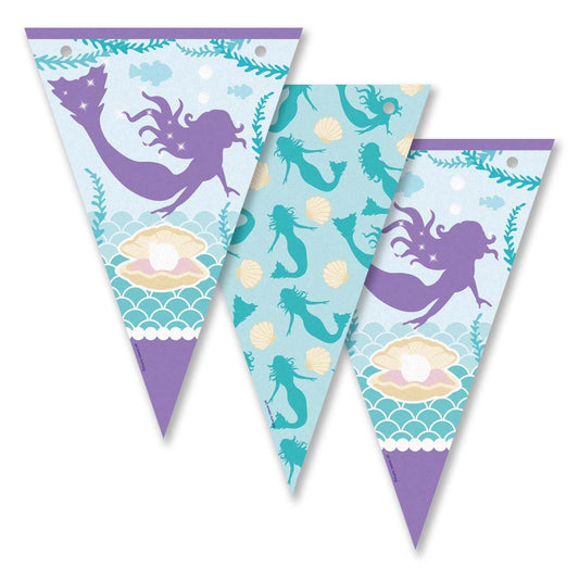 Mermaid-themed party flags with purple, teal, and blue colors on a white background.