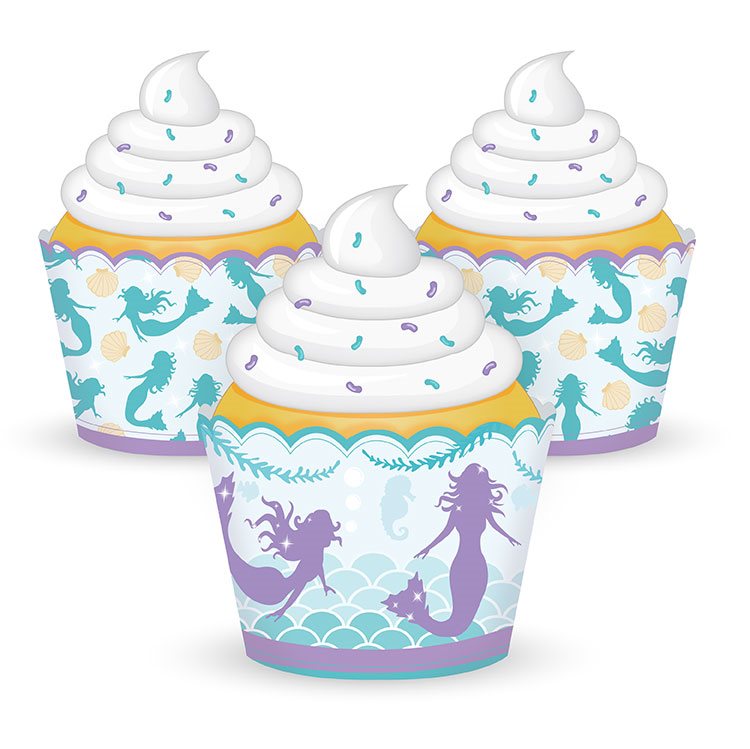 Mermaid-themed cupcake wrappers with white frosting on a white background