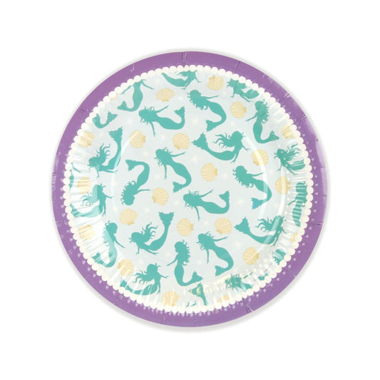 Round paper plate with mermaid pattern on a white background
