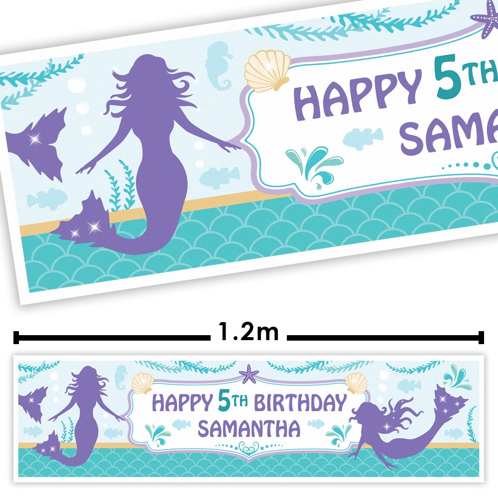 Mermaid-themed birthday banner with 'Happy 5th Birthday Samantha' text, featuring a mermaid silhouette and sea-themed design.