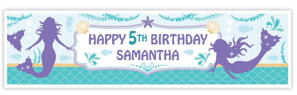 Mermaid-themed birthday banner with 'Happy 5th Birthday Samantha' text on a blue and purple background.