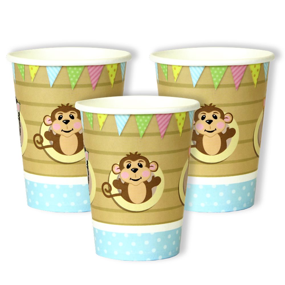 Three paper cups with monkey design and colorful patterns on a white background
