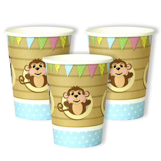 Three paper cups with monkey design and colorful patterns on a white background