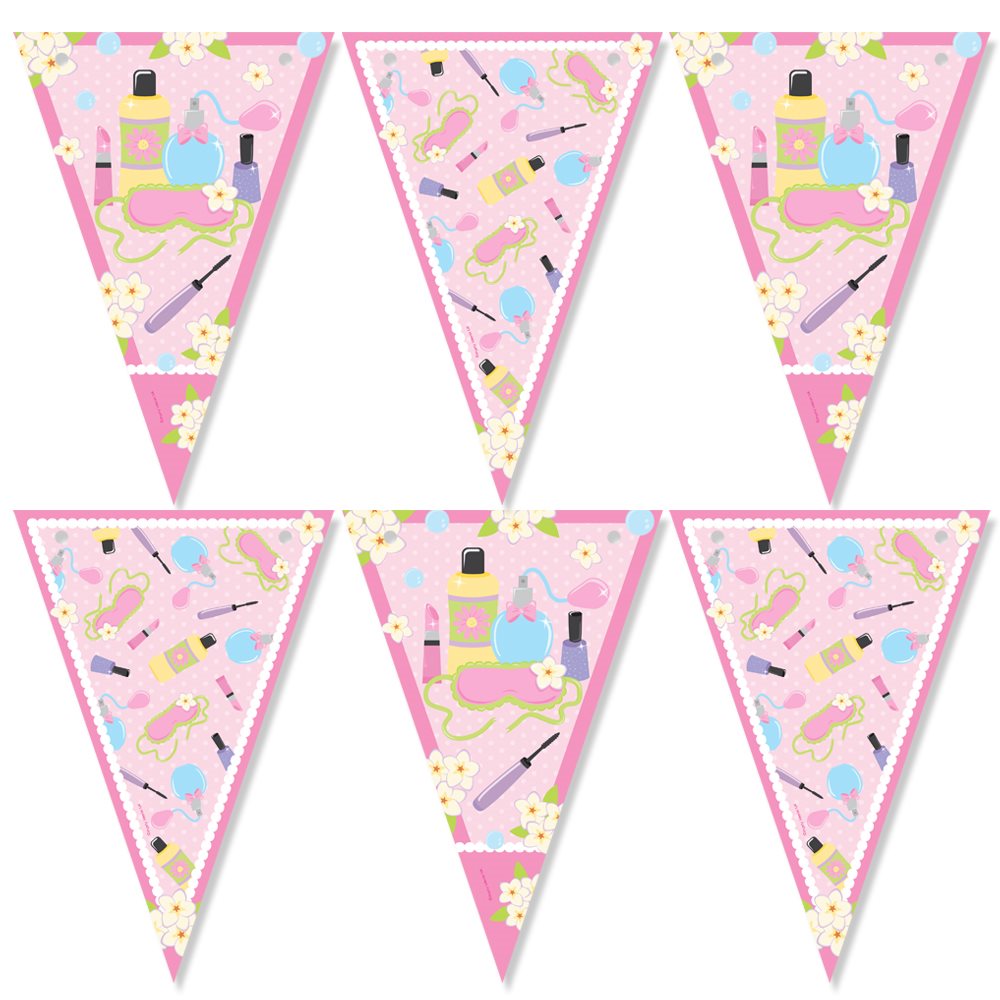 Set of pink-themed party flags with nail polish and spa design on a white background