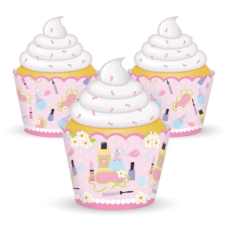 Three cupcake wrappers with nail polish and salon-themed designs on a white background