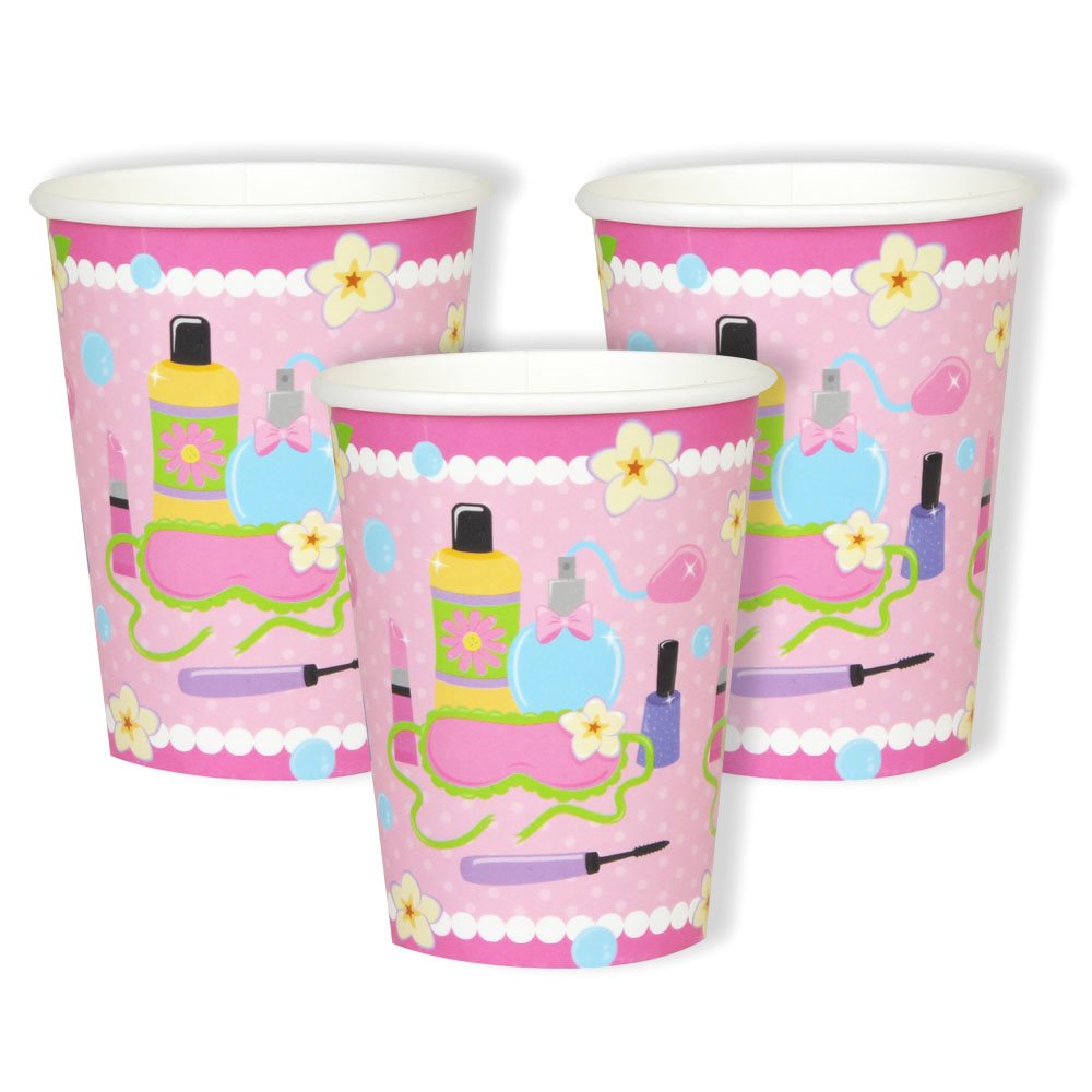 Three paper cups with pink nail polish theme on a white background