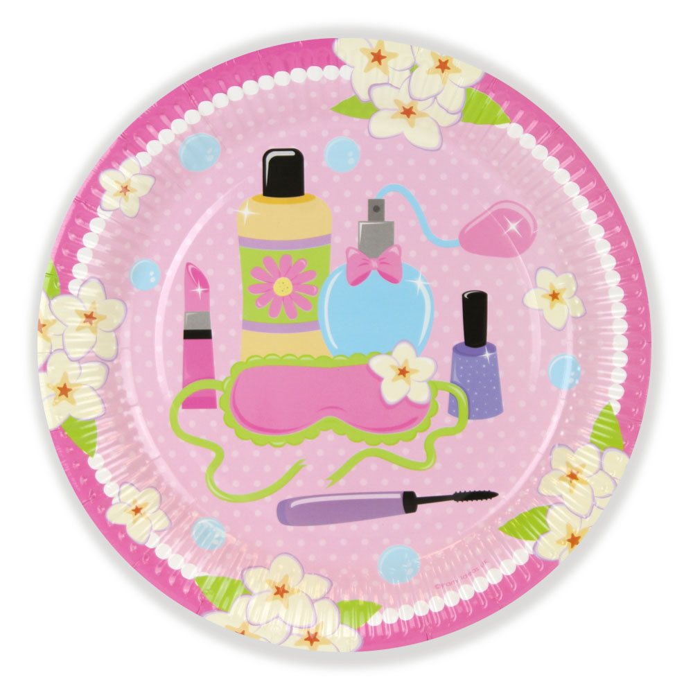 Paper plate with nail polish and beauty salon-themed design on a pink background