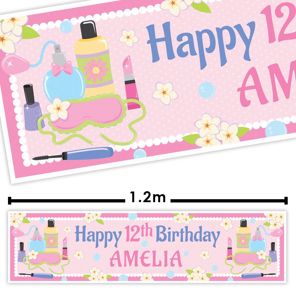 Birthday banner with nail polish and spa-themed decorations for a 12th birthday party, personalized with 'AMelia'.