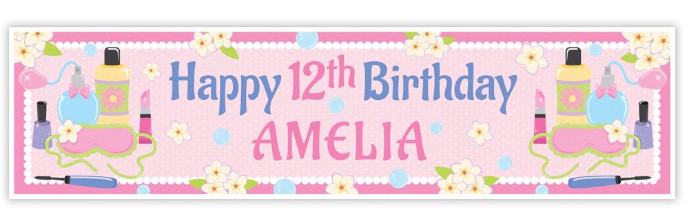 Birthday banner with 'Happy 12th Birthday Amelia' text, nail polish bottles, and flowers on a pink background.