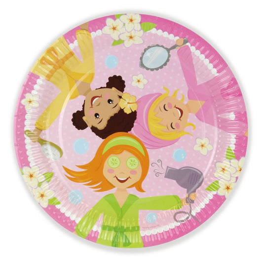 Colourful paper plate with cartoon characters on a pink background