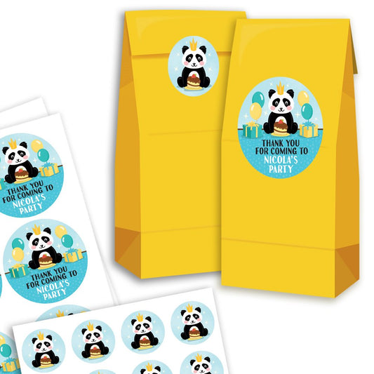 Yellow goodie bags with panda-themed stickers on a white background