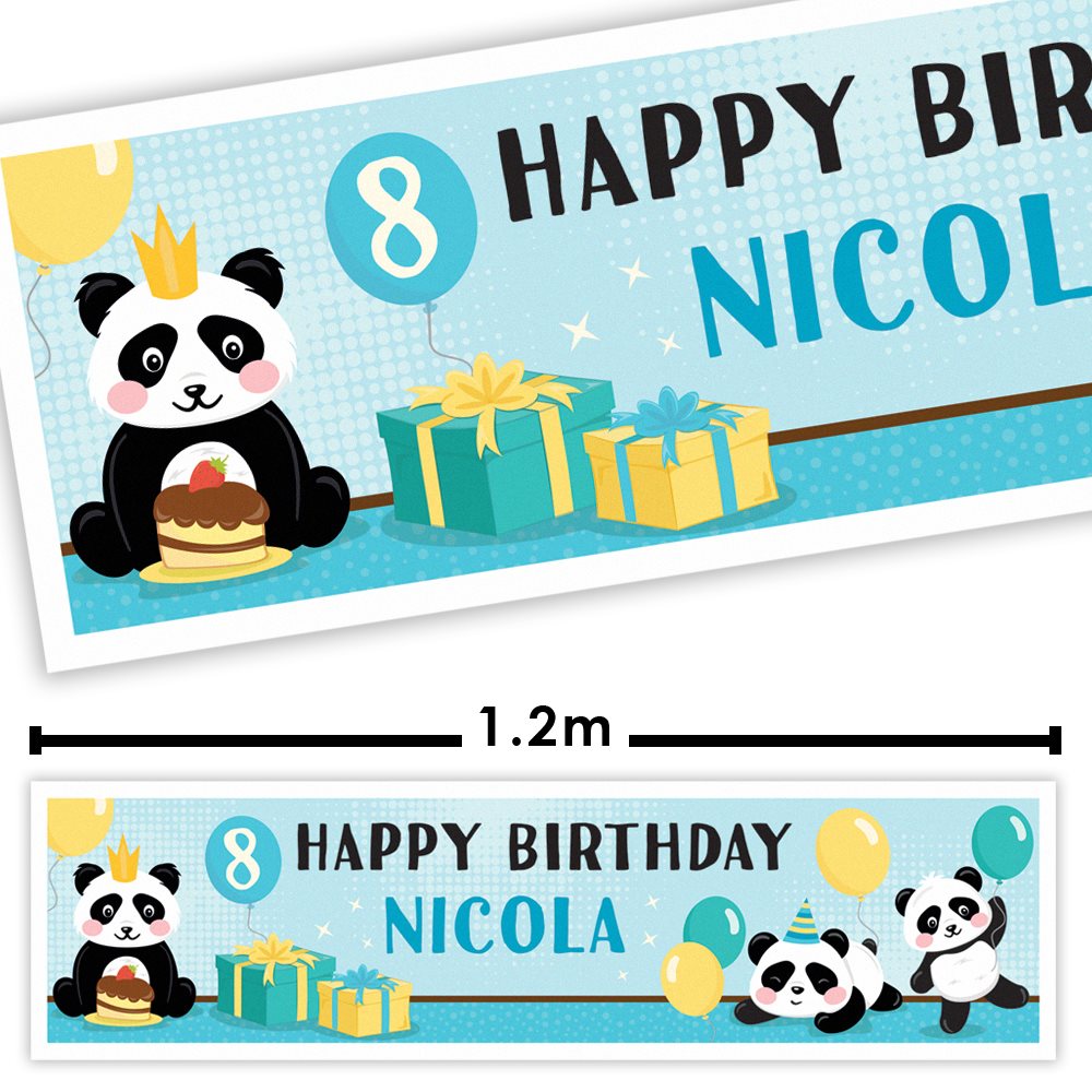Birthday banner with panda design and text for Nicola's 8th birthday