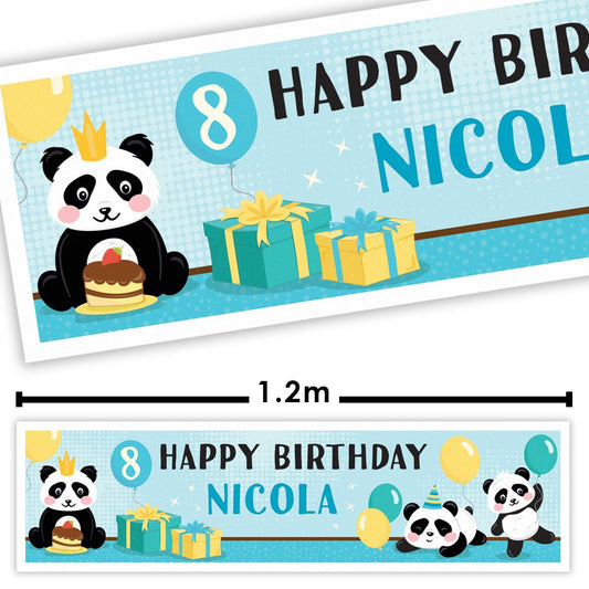 Birthday banner with panda design and text for Nicola's 8th birthday