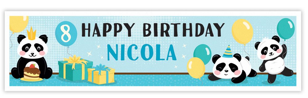 Birthday banner with pandas, balloons, and text 'Happy Birthday Nicola' on a blue background