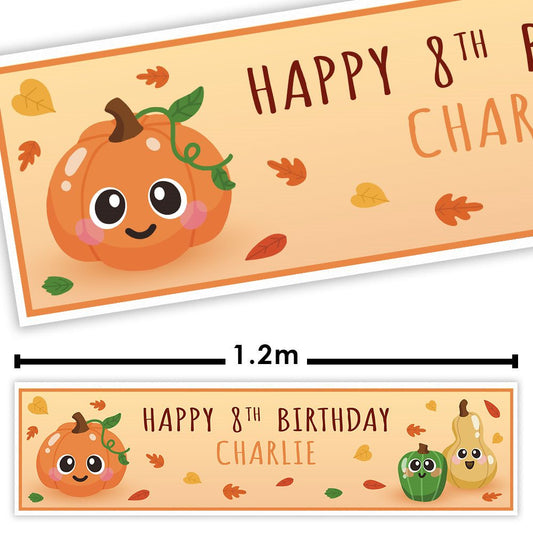 Personalized autumn-themed birthday banner design shown in two views: a larger angled view and a smaller straight-on view with a 1.2m width marker.