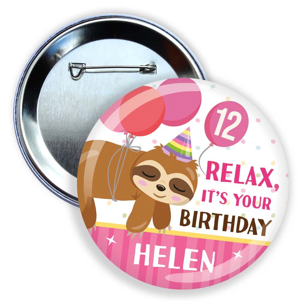 Button badge with sloth design and birthday message on a white background