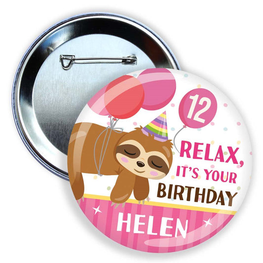 Button badge with sloth design and birthday message on a white background