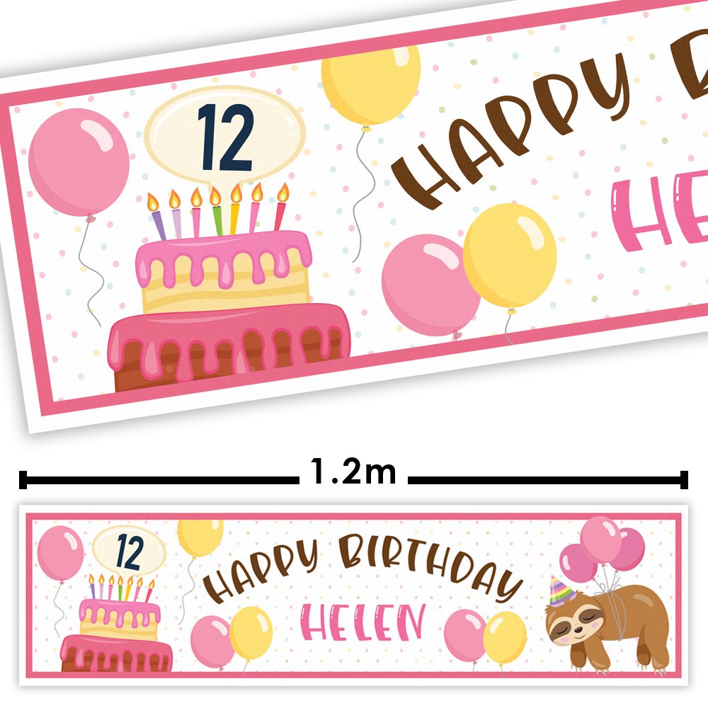 Happy Birthday banner with cake, balloons, and personalized name on a white background