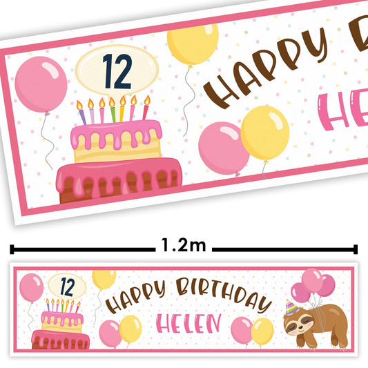 Happy Birthday banner with cake, balloons, and personalized name on a white background