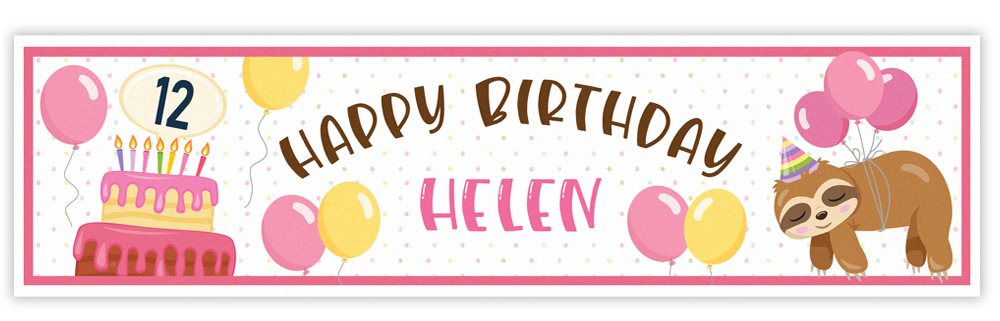 Birthday banner with sloth, cake, and balloons for a 12-year-old girl named Helen.