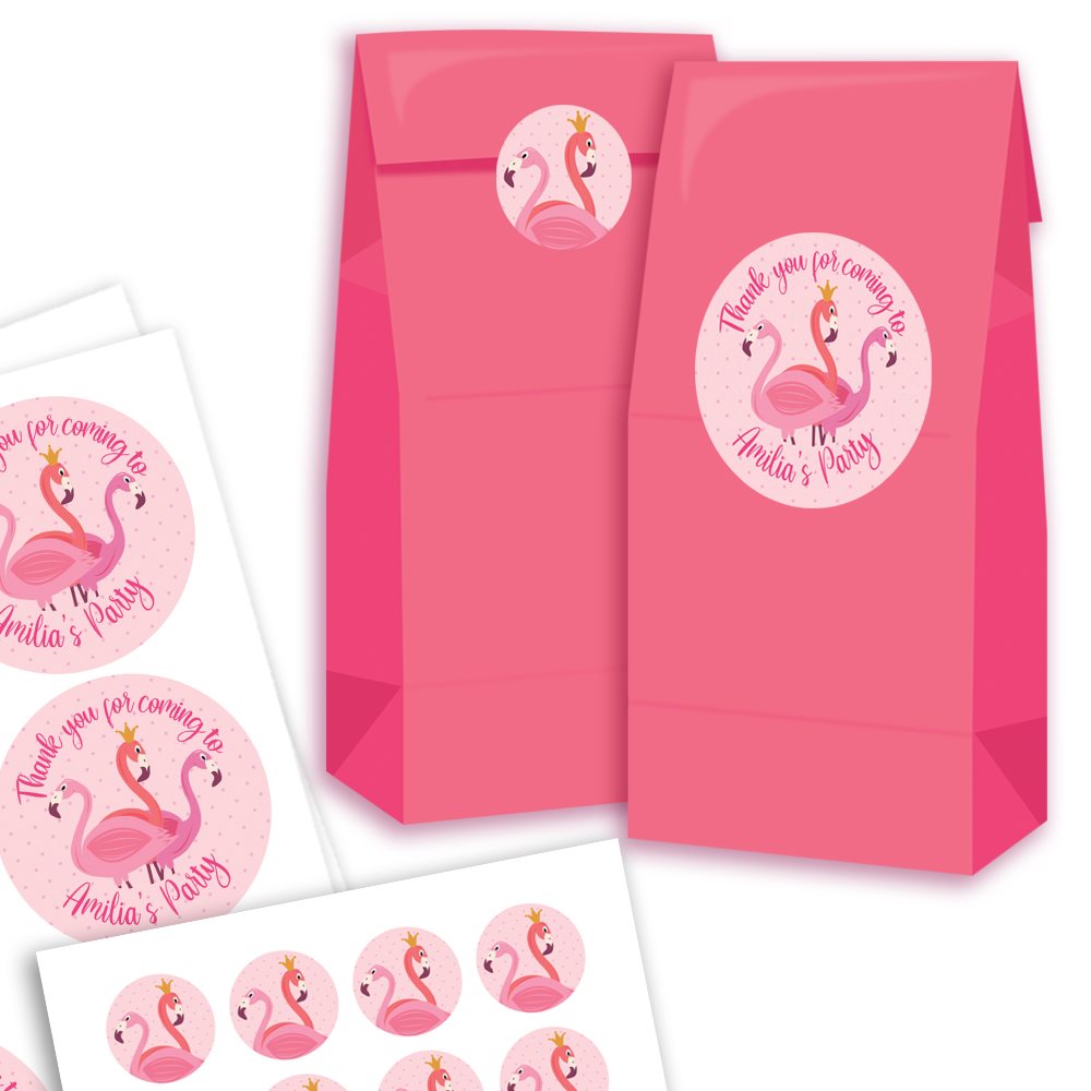 Pink party favour bags with flamingo-themed stickers on a white background