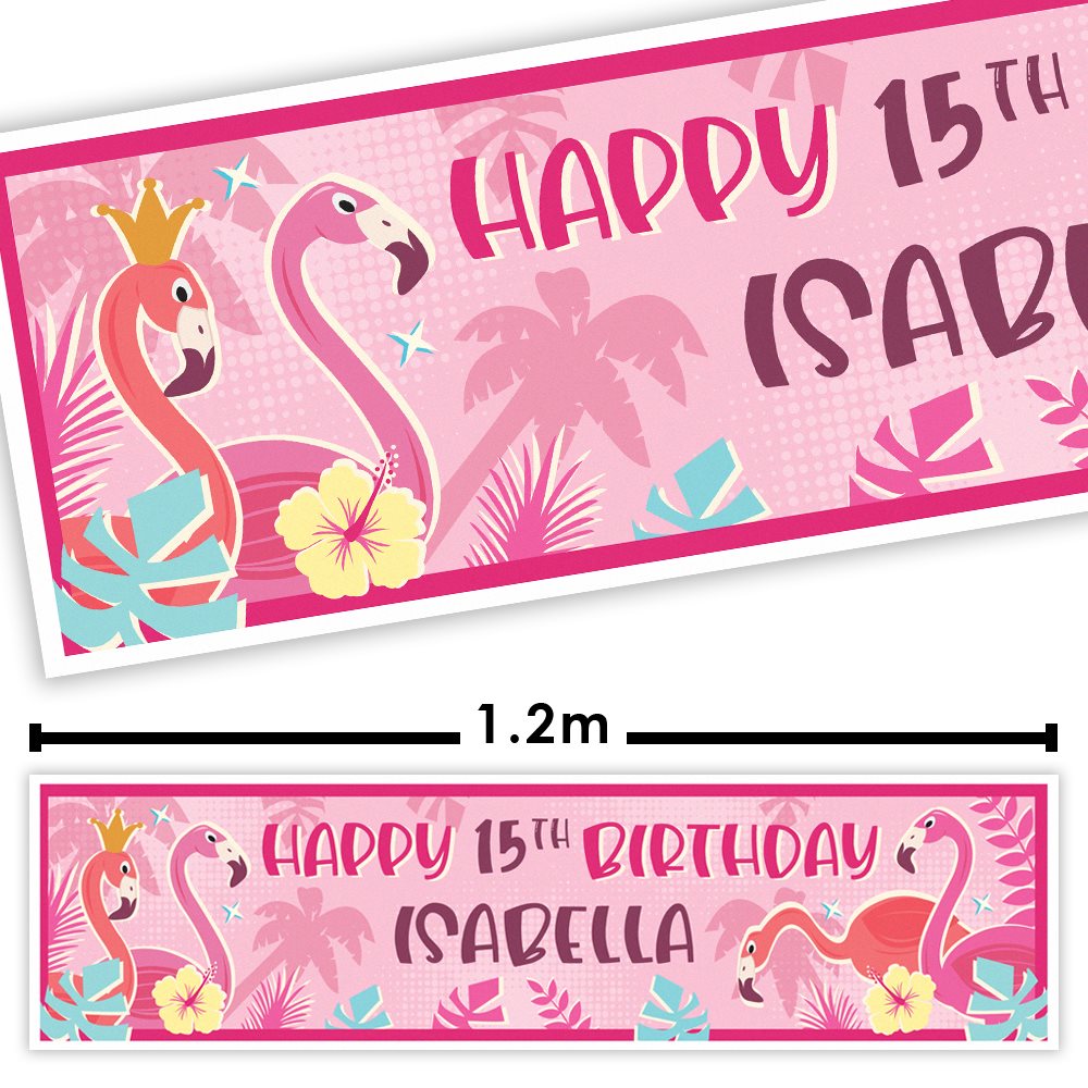 Birthday banner with flamingo design and text 'Happy 15th Birthday Isabella' on a white background.