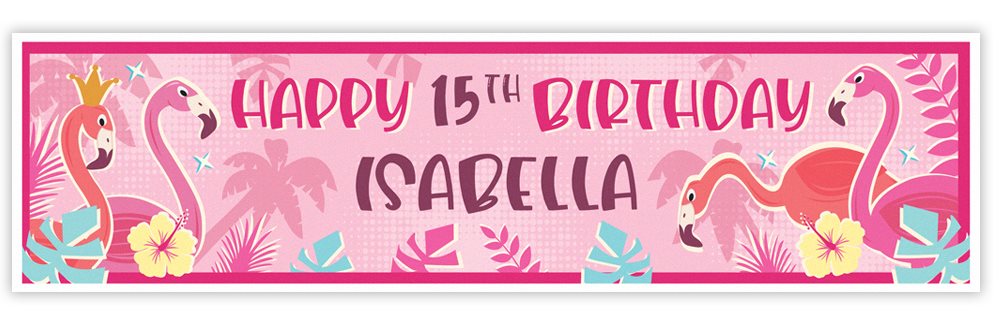 Happy 15th birthday banner with flamingo design