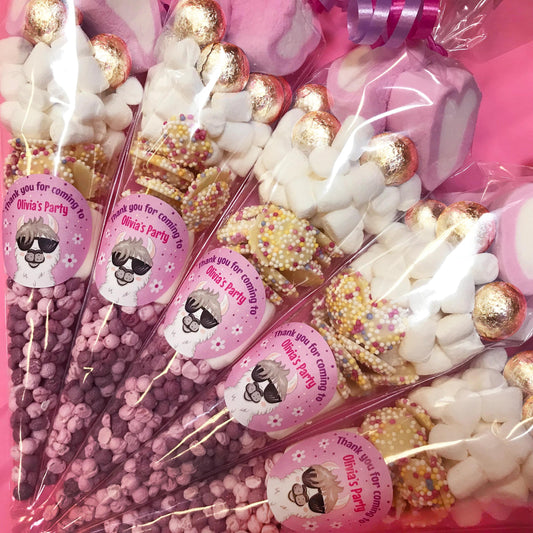 A collection of sweet cones with various candies and toppings, each labeled with a name and decorated in a pink theme, corresponding to a party favor concept.