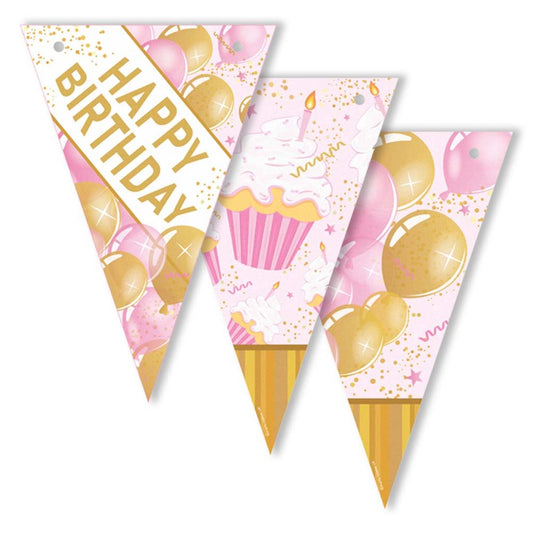 Decorative birthday banner with pink and gold balloons and a cupcake design on a white background.