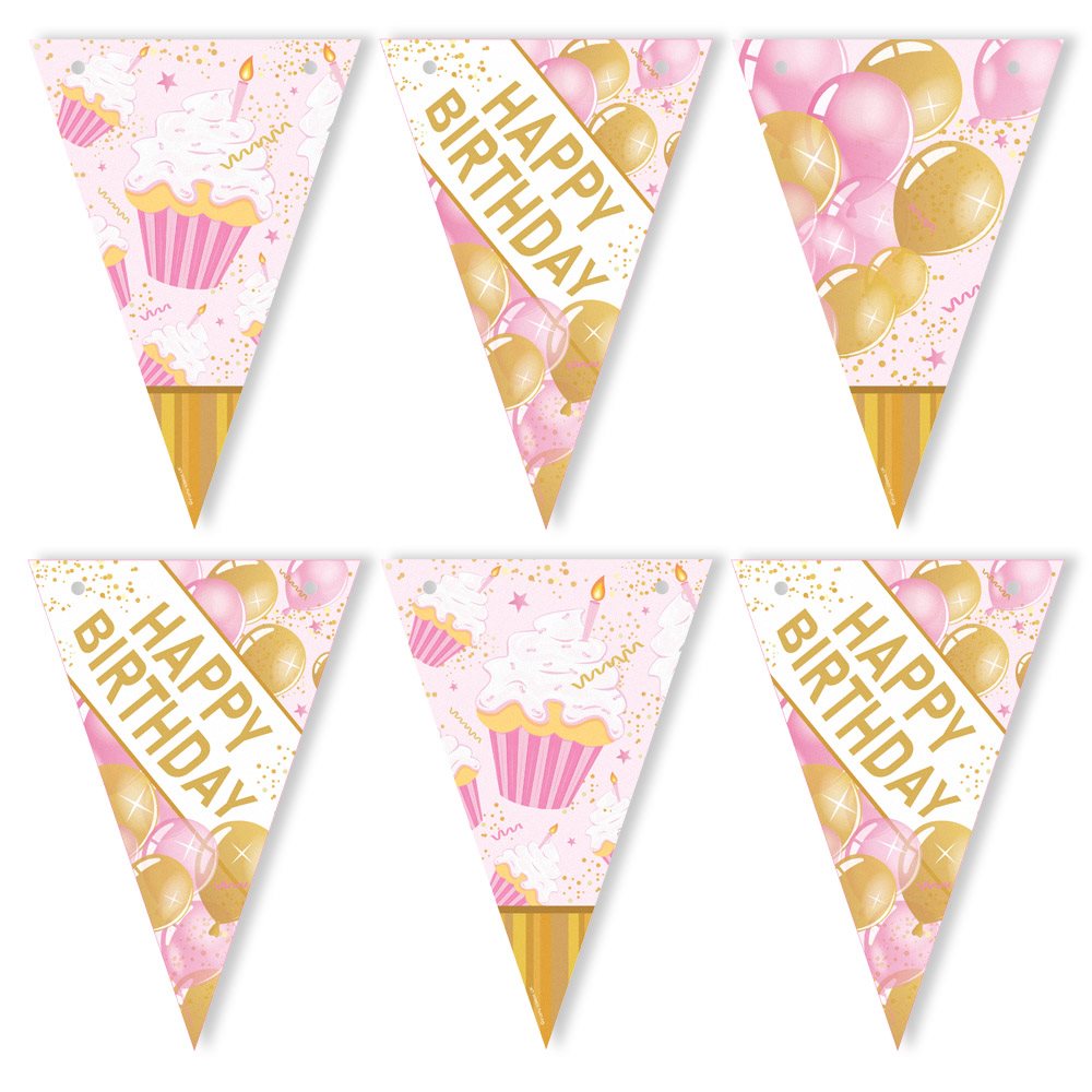 Set of birthday-themed triangle flags with pink and gold colours on a white background