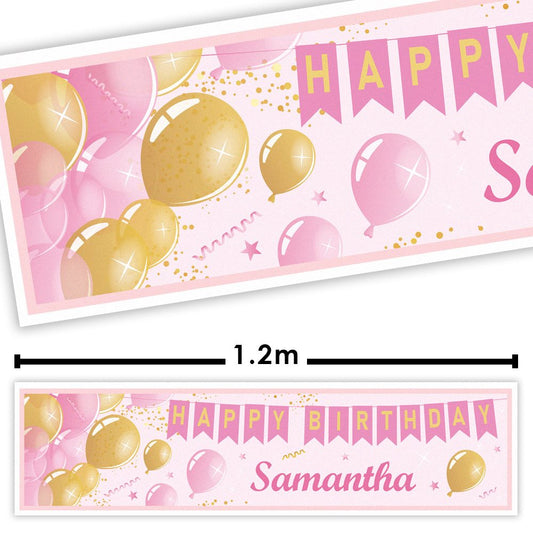 Personalised birthday banner with pink and gold balloons and 'Happy Birthday Samantha' text.
