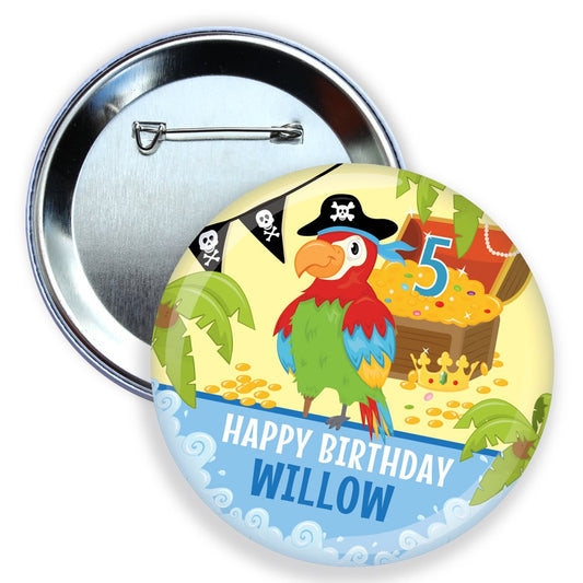 Button badge with pirate-themed design and 'Happy Birthday Willow' text