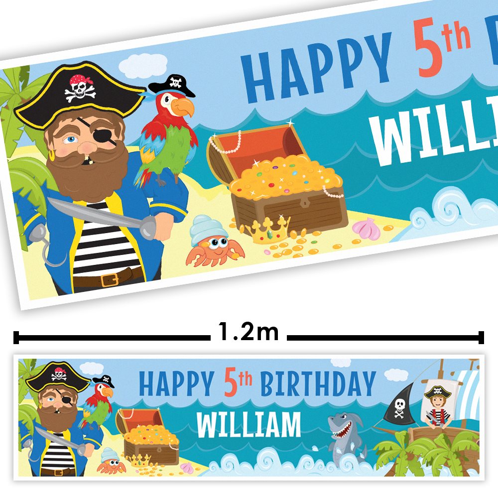 Pirate-themed birthday banner with character and treasure chest design, featuring text 'Happy 5th Birthday William'.