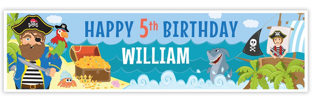 Birthday banner with pirate theme and text 'Happy 5th Birthday William' on a blue background.
