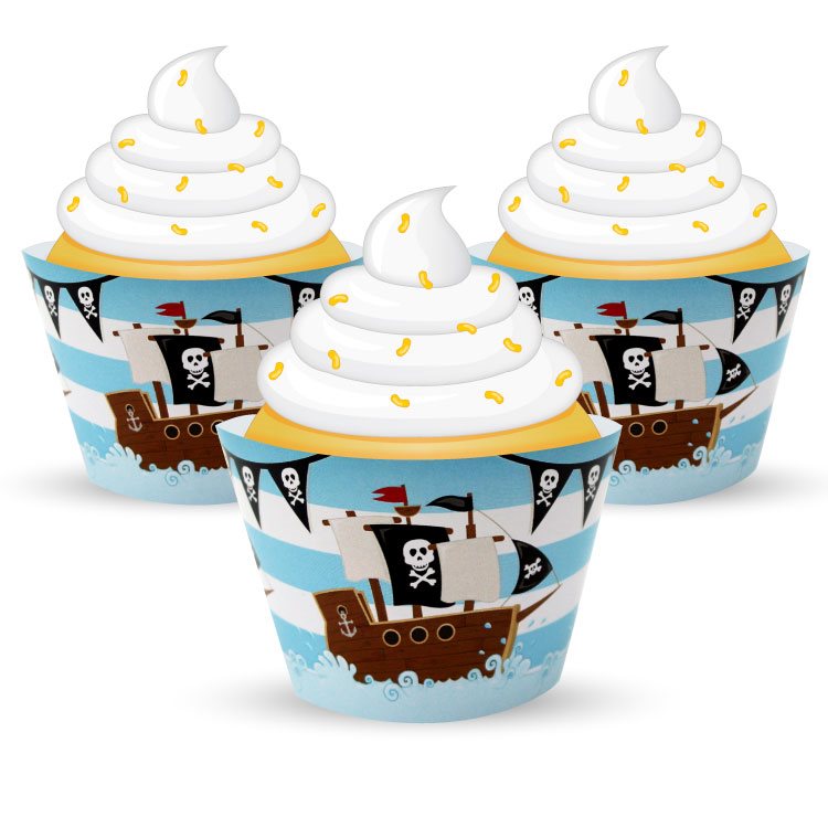 Pirate-themed cupcake wrappers with whipped cream on a white background