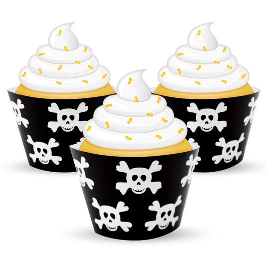 Three cupcakes with white frosting and black wrappers featuring skull and crossbones designs on a white background.