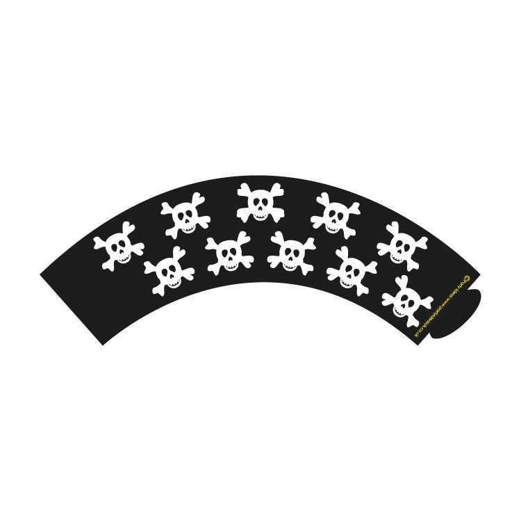 Black cupcake wrapper with white skull and crossbones pattern on a white background