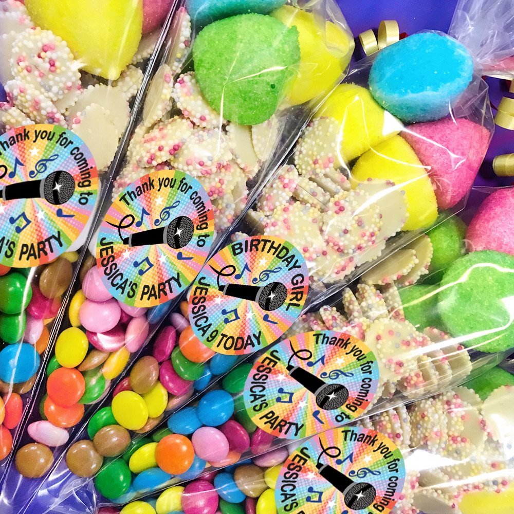 Colorful candy assortment with personalized 'Thank you for coming to My Party' labels.