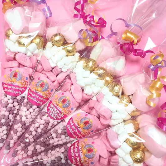 Pre filled sweet cones party favours with personalised birthday stickers
