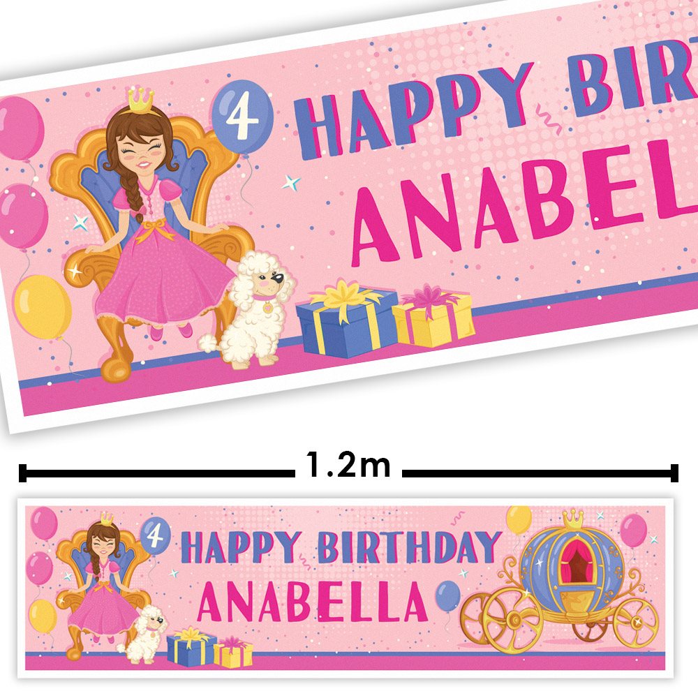 Personalized birthday banner with a princess design and text 'Happy Birthday Anabella' on a pink background.
