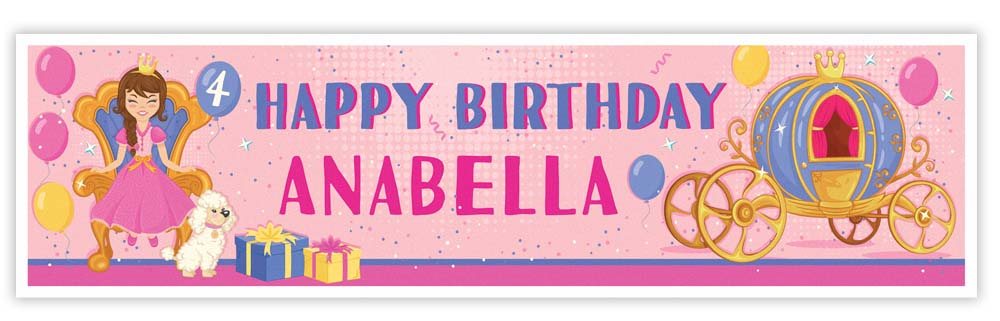 Personalized birthday banner with princess theme and carriage on a pink background