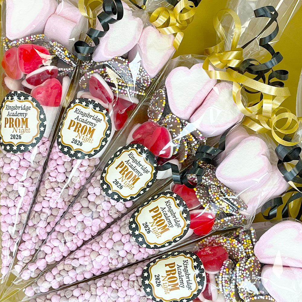 Prom-themed sweet cones with decorative ribbons and 'Prom 2026' labels.