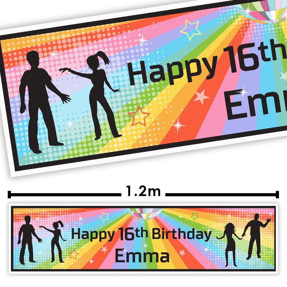 Colorful birthday banner with silhouettes of a boy and girl, text 'Happy 16th Birthday Emma', and measurement '1.2m'.