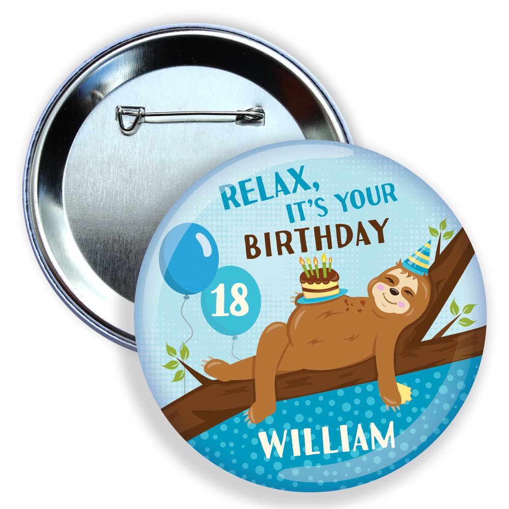 Button badge with sloth design and birthday message on a white background