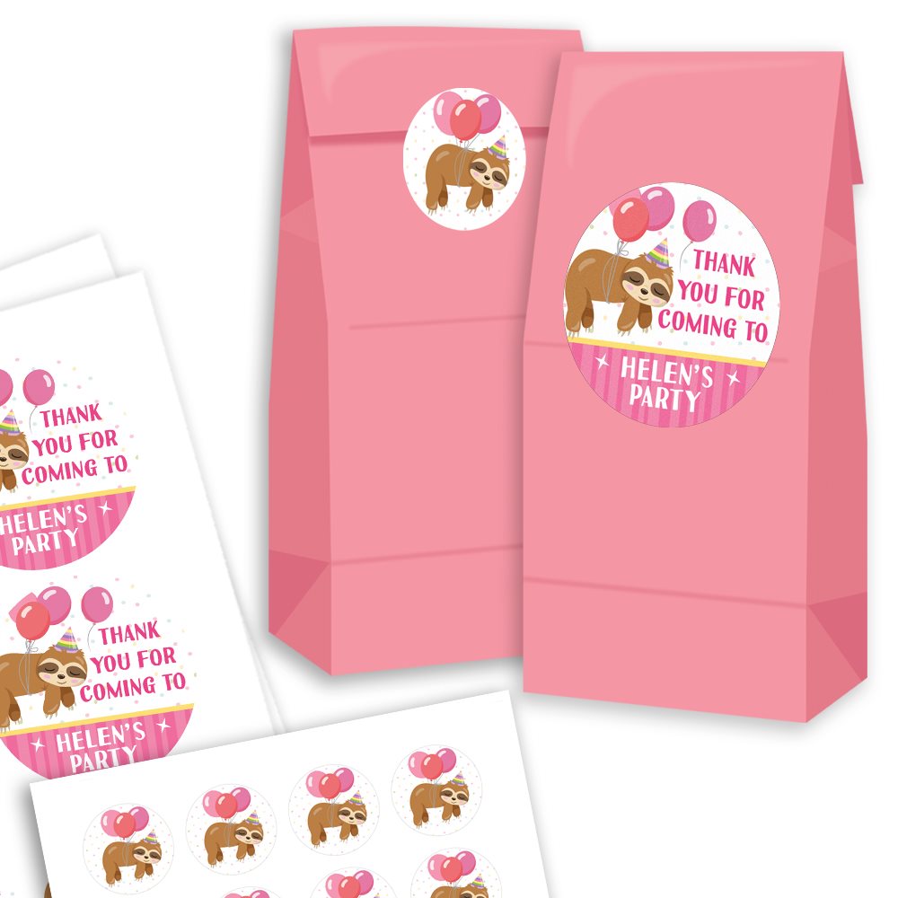 Pink party favour bags with sloth illustrations and 'Thank you for coming to Helen's Party' text.