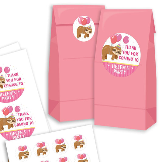 Pink party favour bags with sloth illustrations and 'Thank you for coming to Helen's Party' text.